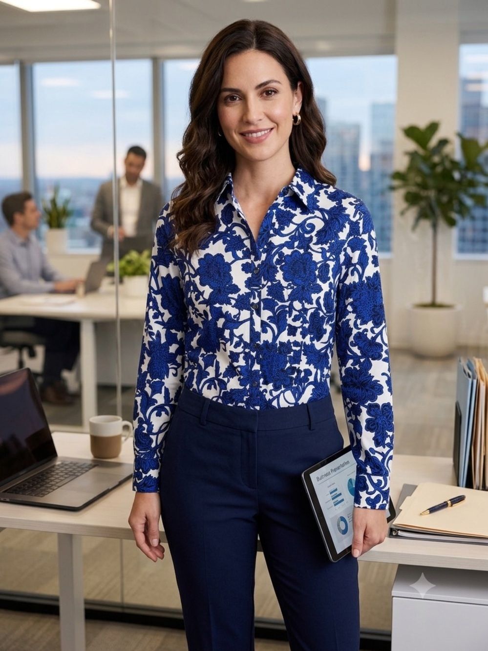 (H0)FOXCROFT Women Fitted Cotton Blouse with Darts,Vibrant Blue Floral Print 8P